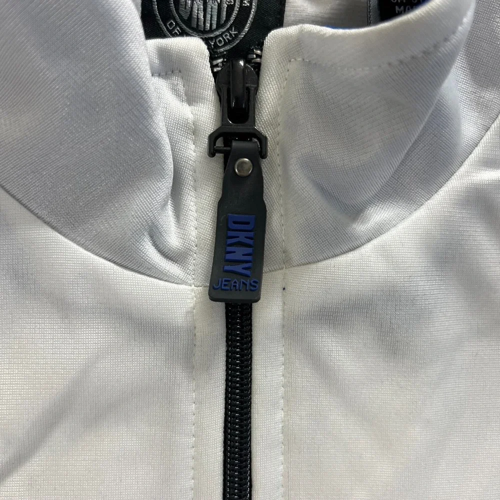 DKNY Jeans Track Jacket Men's M White Blue Black Stripe Full Zip Mock Neck VTG